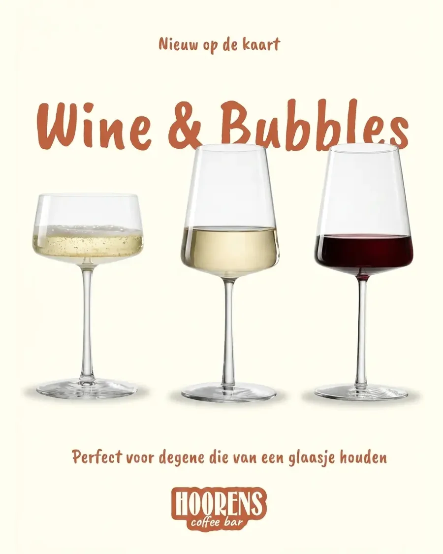 Aankondiging van wine and bubbles: drie glazen met prosecco, witte wijn en rode wijn